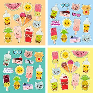 Yaz parlak tropikal kartı tasarım Merhaba, moda rozetleri çıkartmaları yamalar. Afiş, Poster için uygulanabilir. Ananas, kiraz smoothie Kupası, dondurma, Güneş, kedi, pasta, hamster. Kawaii sevimli yüzü. Vektör çizim