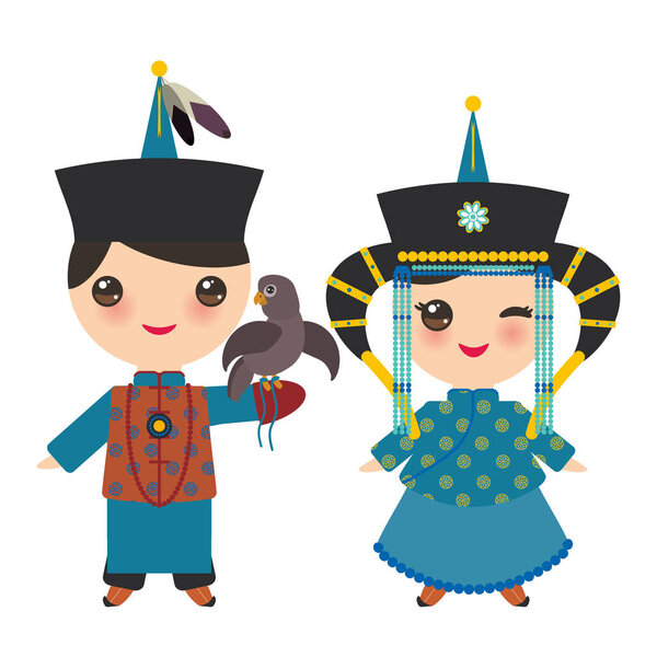 Монгольский мальчик и девочка в синем национальном костюме и шляпе. Мультфильм детей в традиционной одежде. Хантер, охота с орлом. Векторная иллюстрация
