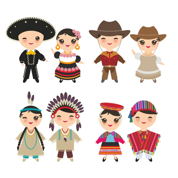 Indios Mexicanos Americanos Vaquero Peruano Niño Niña Traje Sombrero Nacional — Vector de stock