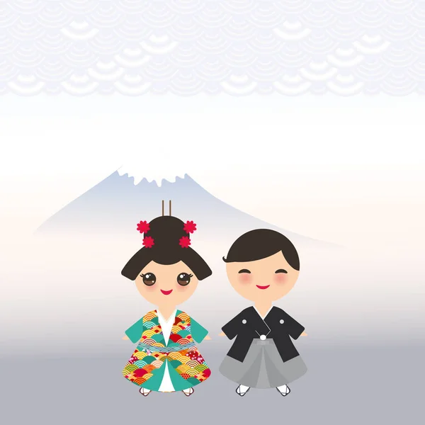 Mount Dawn Dimma Bergslandskap Japansk Pojke Och Flicka Folkdräkt Kimono — Stock vektor