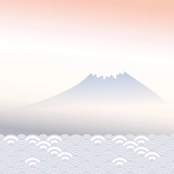 Mount Fuji Dawn Dimma Bergslandskap Blå Grå Rosa Färger Kort — Stock vektor