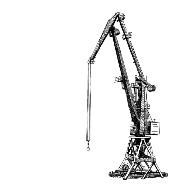 Строительство Портовой Крановой Техники Ручной Рисунок Черный Силуэт Выделен Белом — стоковый вектор