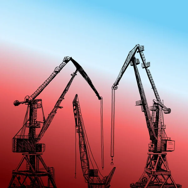 Přístavní Jeřáb Stroje Stavební Věžové Stavby Ručně Kreslené Ilustrace Skica — Stockový vektor