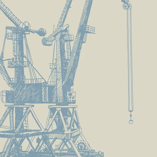 Строительство Портовой Крановой Техники Ручной Рисунок Синий Силуэт Коричневой Спине — стоковый вектор