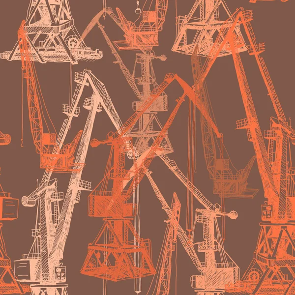 Бесшовный Рисунок Порт Кран Машины Строительство Башни Ручной Рисунок Бежевый — стоковый вектор