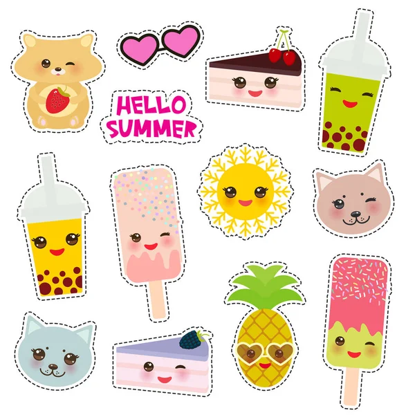 Hallo Zomer Heldere Tropische Kaart Ontwerp Mode Patches Badges Stickers — Stockvector