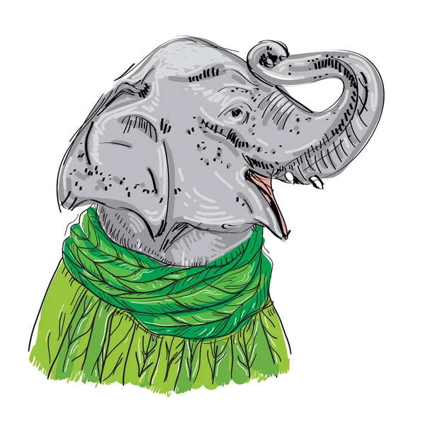 Cabeza Elefante Con Tronco Elevado Suéter Punto Verde Bufanda Dibujo — Archivo Imágenes Vectoriales