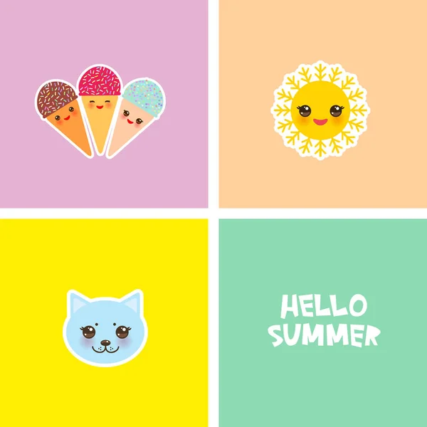 Bonjour Summer Lumineux Design Carte Tropicale Patchs Mode Badges Autocollants — Image vectorielle