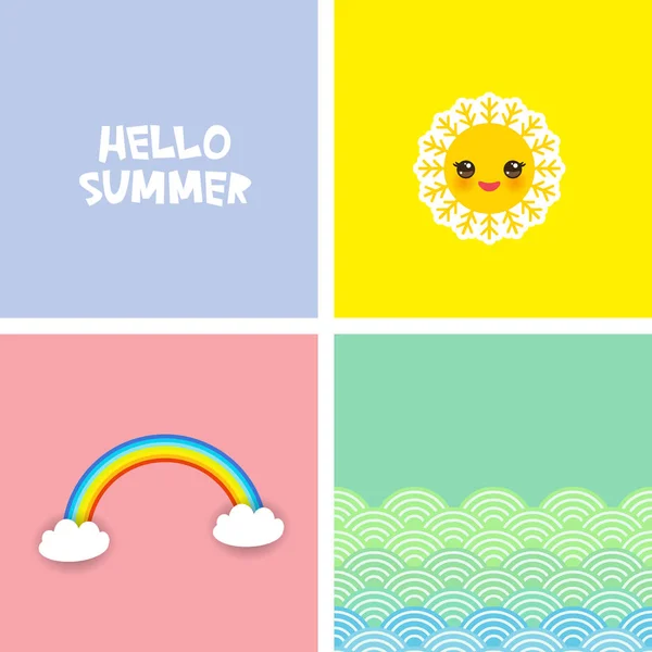 Яркий Баннер Hello Summer Симпатичное Лицо Kawaii Радуга Белые Облака — стоковый вектор