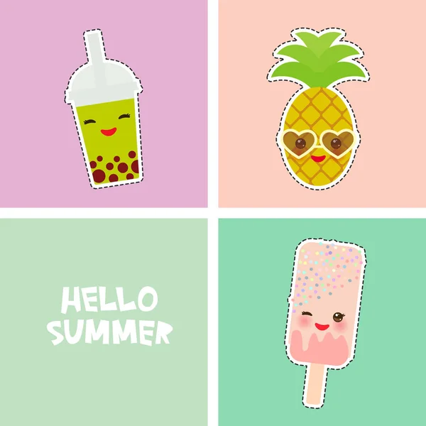 こんにちは夏の明るい熱帯カード バナー デザイン ファッション パッチ バッジのステッカー パイナップル スムージー カップ アイスクリーム — ストックベクタ