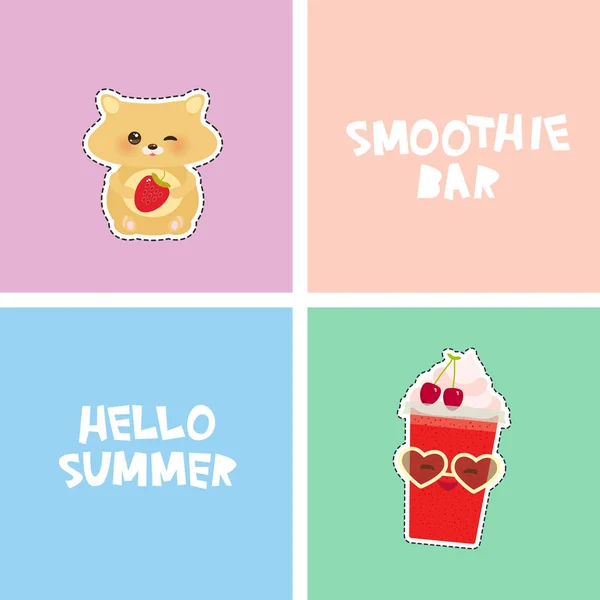 Smoothie Bar Brillante Diseño Tarjetas Tropicales Parches Moda Insignias Pegatinas — Vector de stock