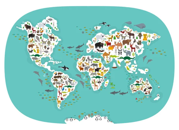 Cartoon Animal World Map Children Kids Animals All World White — Stock Vector