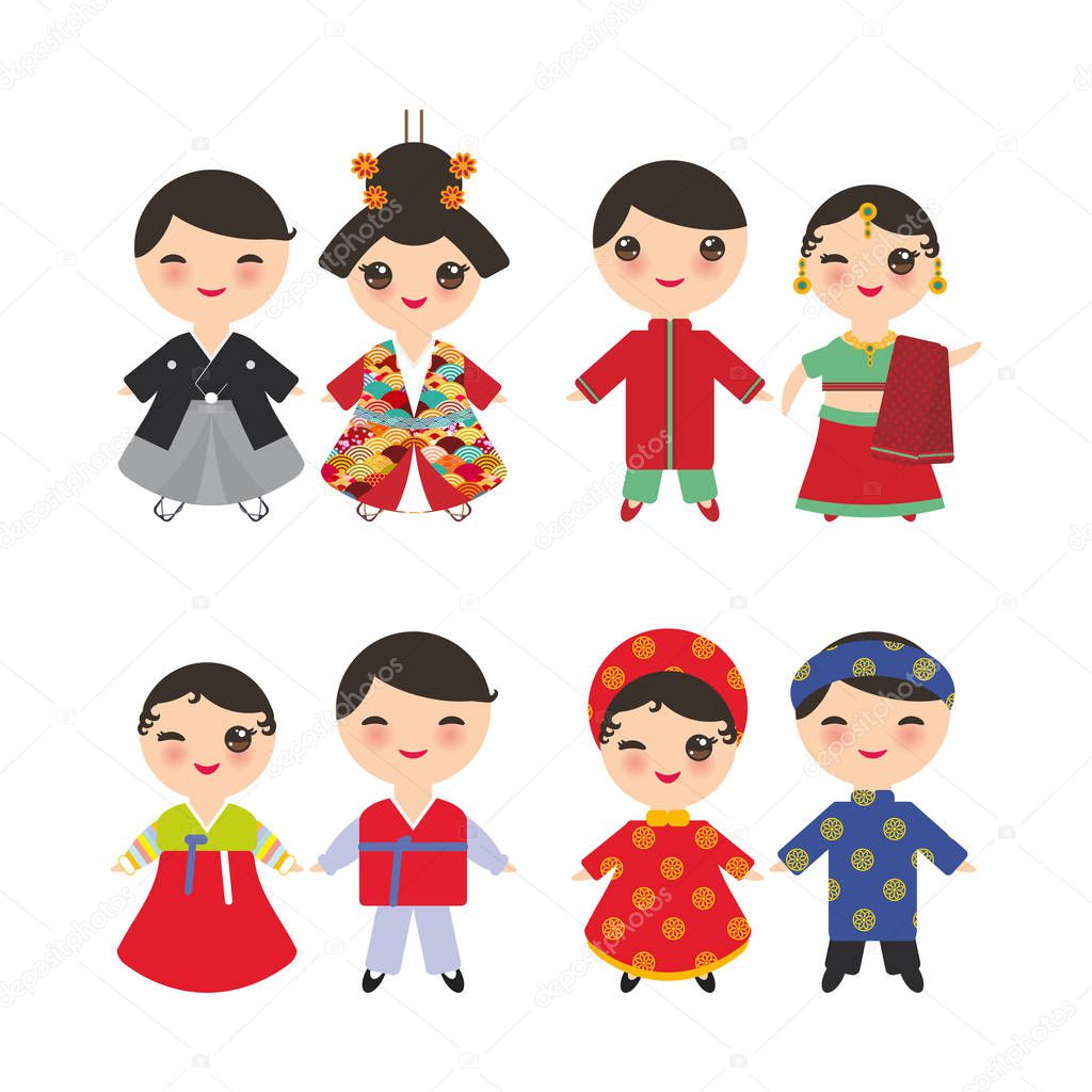 Indian Japanese Koreans Vietnamese Kawaii boy and girl in national costume. Cartoon children in traditional dress isolated on white background. Vector illustration