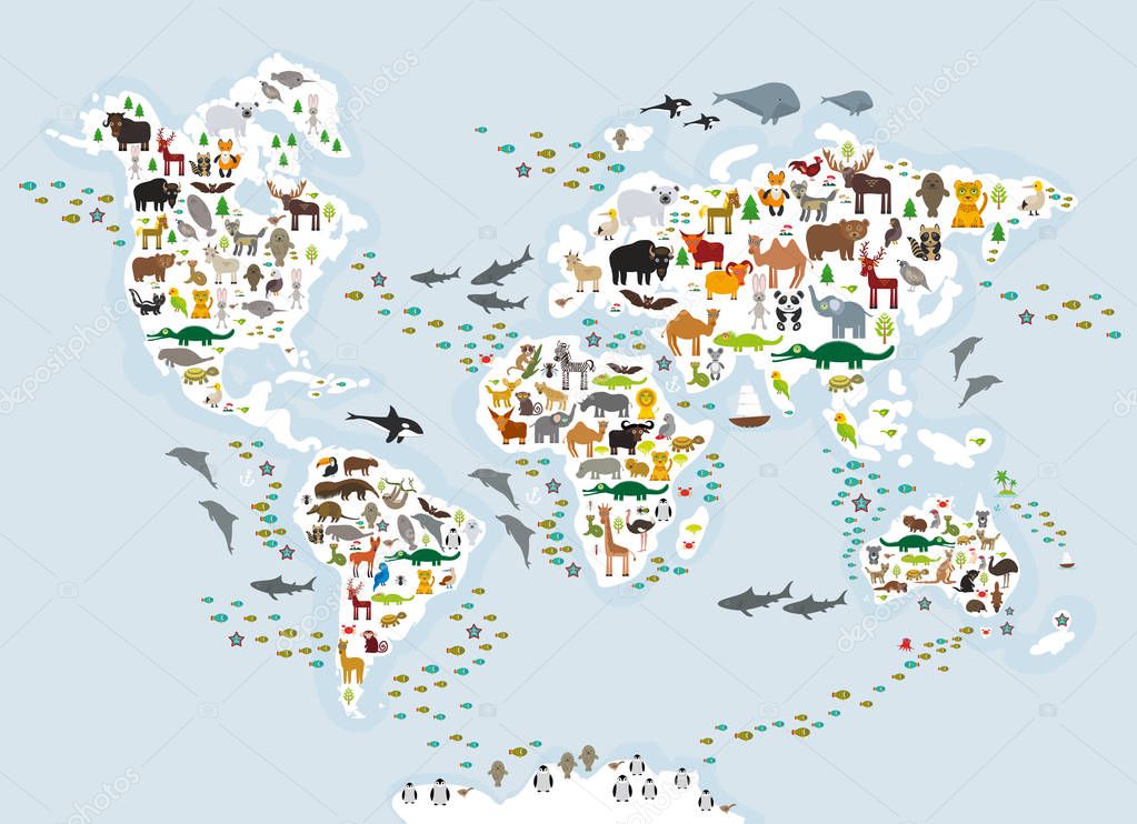 Cartoon animal world map for children and kids, Animals from all over the world, white continents and islands on blue grey background of ocean and sea. Vector illustration