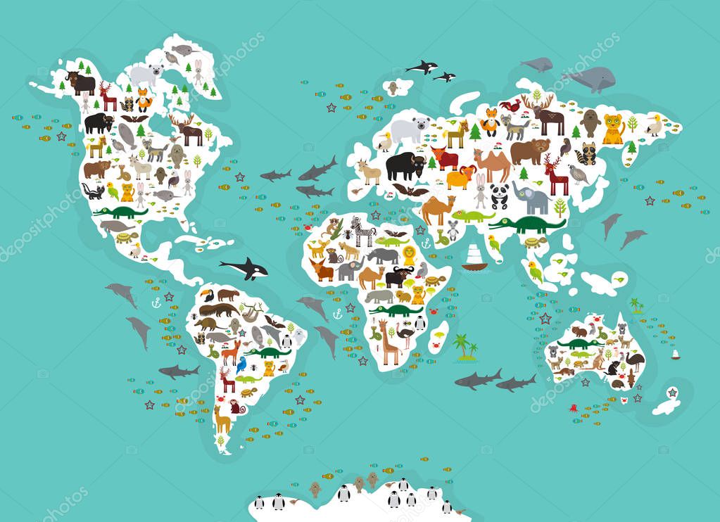Cartoon animal world map for children and kids, Animals from all over the world, white continents and islands on blue background of ocean and sea. Vector illustration