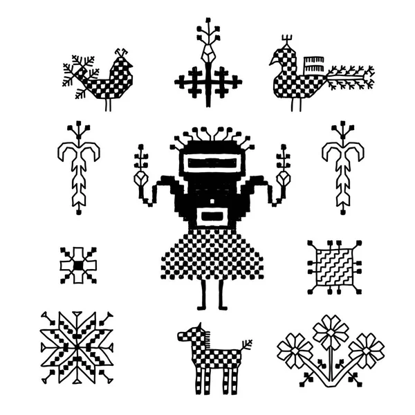 俄国民间刺绣的装饰品 黑色查出在白色背景 收藏鲜花 几何饰品 象征大地 向量例证 — 图库矢量图片