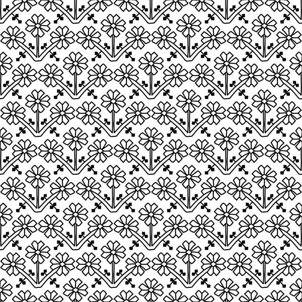 Seamless Pattern Flowers Ornament Russian Folk Embroidery Black Contour Isolated — Stock Vector