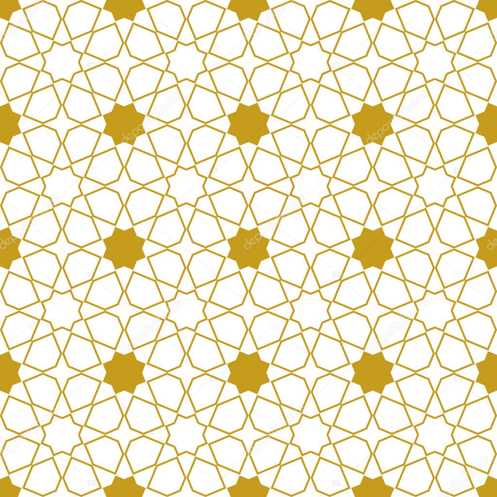 Moroccan seamless pattern, Morocco. Patchwork mosaic with traditional folk geometric ornament gold white. Tribal oriental style. Can be used for fabrics, wallpapers, websites. Vector illustration