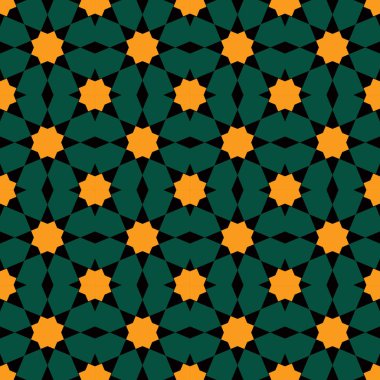 Fas seamless modeli, Fas. Patchwork mozaik geleneksel halk geometrik süs siyah yeşil turuncu. Kabile oryantal tarzda. Kullanılan kumaşlar, duvar kağıtları, Web siteleri için. Vektör çizim