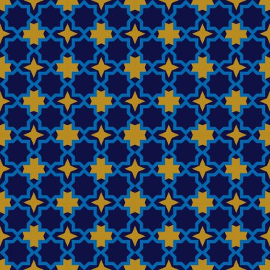 Fas seamless modeli, Fas. Patchwork mozaik geleneksel halk geometrik süs turuncu mavi altın. Kabile oryantal tarzda. Vektör çizim