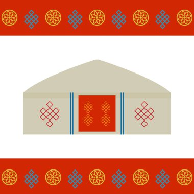 Yurt ve çadır gibi Moğolistan geleneksel konut mimarisi. skins veya keçe, Orta Asya bozkırlarında göçebeler ile kaplı. Kart banner şablon, kırmızı Moğol süsleme. Vektör çizim