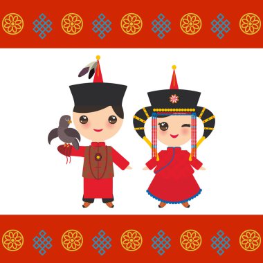 Moğol erkek ve kız kırmızı Ulusal kostüm ve şapka. Kart banner şablon, Moğol süsleme. Geleneksel kıyafet çizgi film çocuk. Avcı, bir kartal ile avcılık. Vektör çizim