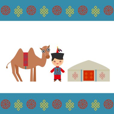 Mongolian boy in national costume, camel. Architecture of Mongolia traditional dwellings, such as the yurt and the tent. covered with skins or felt, nomads in the steppes of Central Asia. Vector illustration clipart