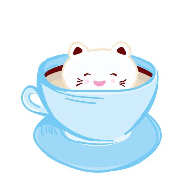 Şirin Kawai kedi mavi köpük sanat kahve fincan kahve sanat beyaz arka plan üzerinde izole. Latte sanat 3d. bir fincan sıcak kahve veya çikolata süt köpüğü yukarısı. Doodle kroki. Vektör çizim