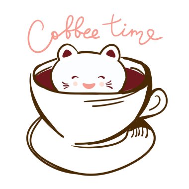 Kahve zamanı. Beyaz arka plan üzerinde izole köpük sanat kahve şirin Kawai kedi. Latte sanat 3d. sıcak çikolata bir fincan süt köpüğü yukarısı. Doodle kroki. Vektör çizim