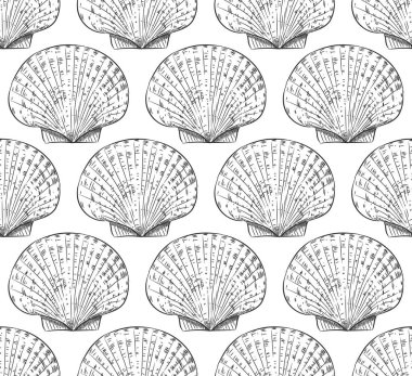 Dikişsiz desen tarak bir deniz kabuklu yumuşakça ailesinin Pectinidae var. deniz salyangoz, dünyadaki tüm okyanuslarda canlı. Beyaz arka planda siyah kontur kroki. Vektör çizim
