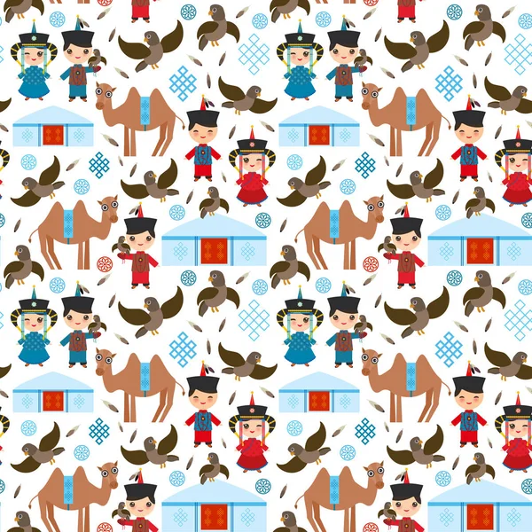 Seamless Pattern Mongolian Boy Girl National Costume Cartoon Children Traditional — Stock Vector