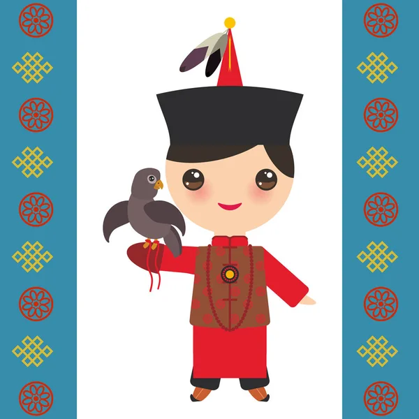 Mongoolse Jongen Klederdracht Hoed Cartoon Kinderen Traditionele Kleding Hunter Jacht — Stockvector