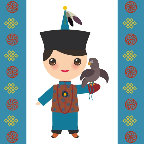 Mongoolse Jongen Klederdracht Hoed Cartoon Kinderen Traditionele Kleding Hunter Jacht — Stockvector