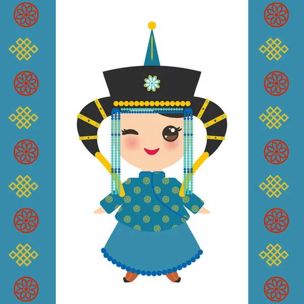 Mongolian Girl National Costume Hat Cartoon Children Traditional Dress White — Stock Vector