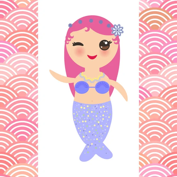 Kawaii Sirena Con Capelli Rosa Ragazza Kawaii Carino Squame Semplice — Vettoriale Stock