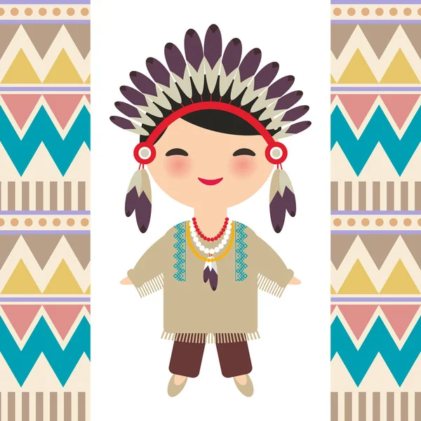 Indios Americanos Kawaii Chico Traje Nacional Niños Dibujos Animados Con — Vector de stock