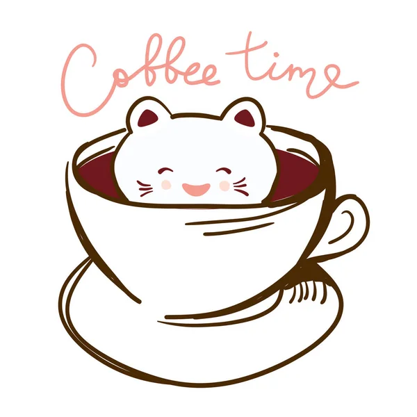 Heure Café Mignon Chat Kawai Dans Une Tasse Café Art — Image vectorielle