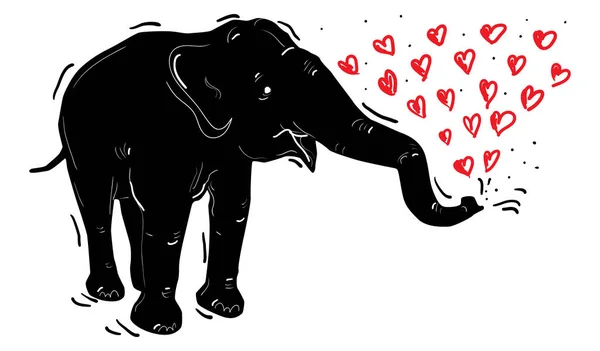 Černý Slon Červené Srdce Doodle Ručně Izolovaných Bílém Laďěnou Vektorové — Stockový vektor
