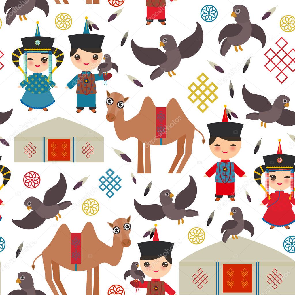 Seamless pattern Mongolian boy and girl national costume. Cartoon children in traditional dress. Hunter, hunting with an eagle, camel, traditional dwellings, such as the yurt and the tent. Vector illustration