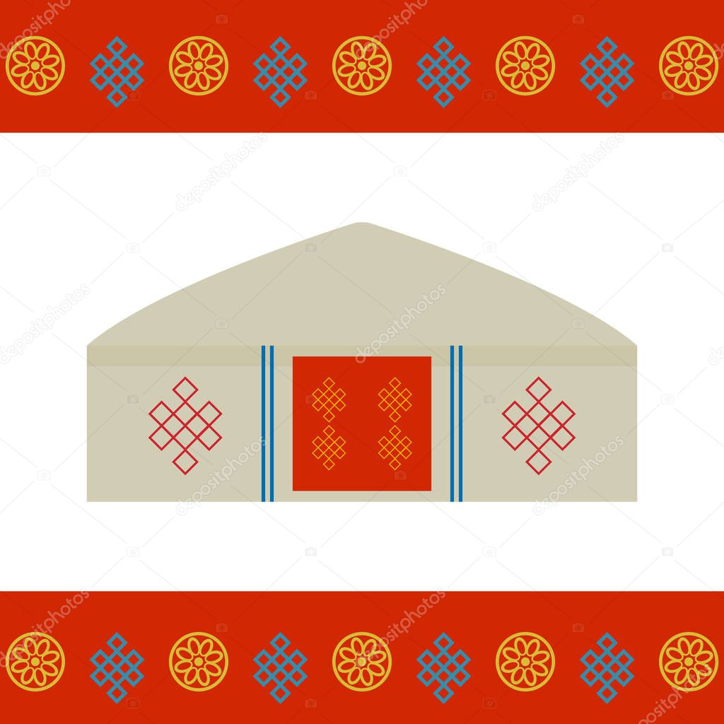 Architecture of Mongolia traditional dwellings, such as the yurt and the tent. covered with skins or felt, nomads in the steppes of Central Asia. Card banner template, red Mongolian ornament. Vector illustration