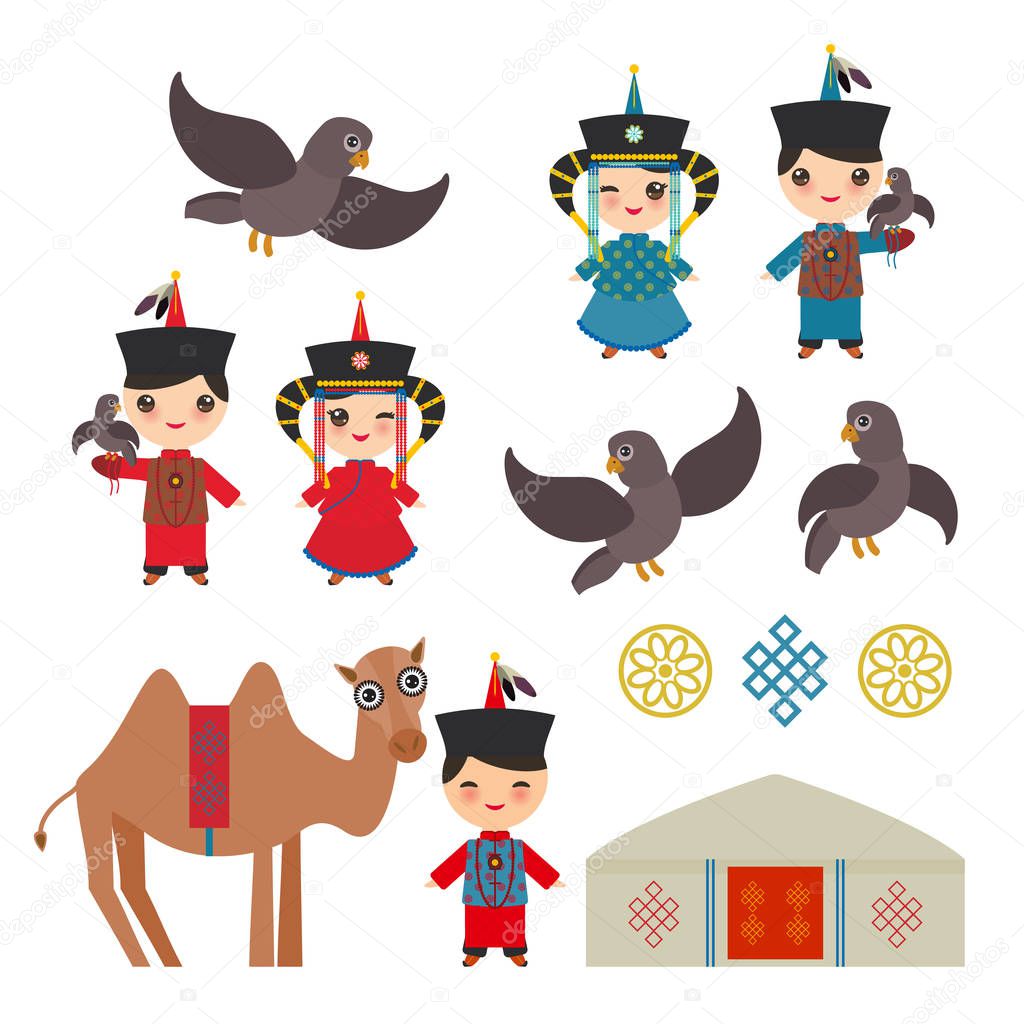 Mongolian boy and girl national costume. Cartoon children in traditional dress. Hunter, hunting with an eagle, camel, traditional dwellings, such as the yurt and the tent. Vector illustration