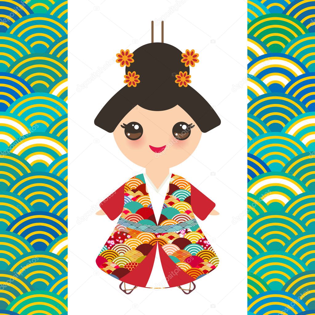 Japanese girl in national costume. kimono, Cartoon children in traditional dress. Japan wave circle pattern orange green blue colors card banner design on white background. Vector illustration