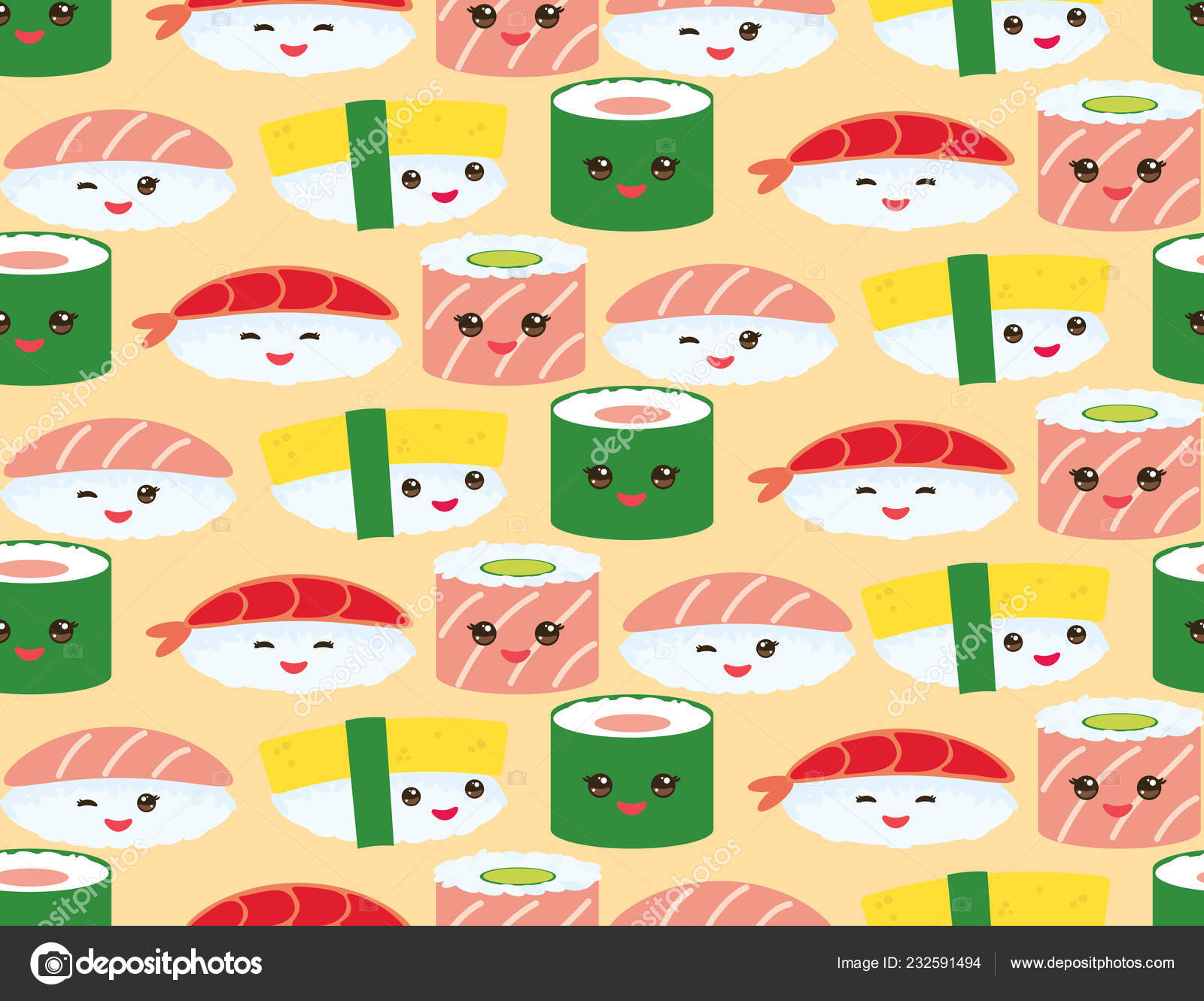 Бесшовный Узор Kawaii Смешные Суши Роллы Розовыми Щеками Большими.