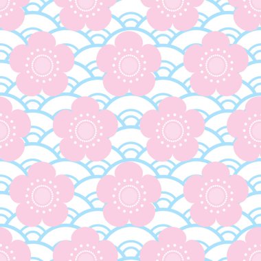 seamless modeli pembe mavi beyaz zemin üzerine Japon kiraz çiçekleri çiçek. Asya basit süsleme, oryantal tarzda ölçekler, Japon daire. Kumaşlar, duvar kağıtları için kullanılabilir. Vektör çizim