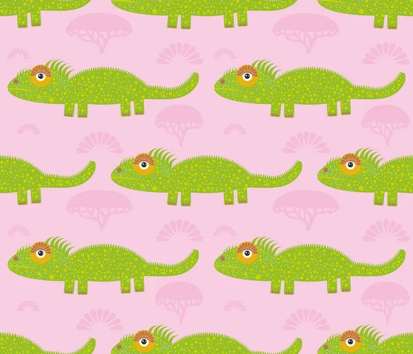ピンクの背景の動物のかわいい面白い緑のイグアナのシームレスなパターン ファブリック 壁紙に使用できます ベクトル図 — ストックベクタ