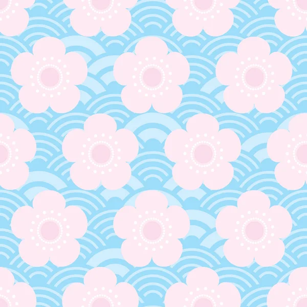 Seamless Pattern Pink Flowers Japanese Cherry Blossoms Blue Background Asian — Stock Vector