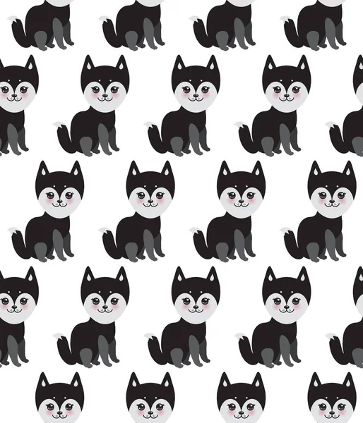 Dikişsiz Desen Kawaii Komik Siyah Gri Husky Köpek Iri Gözlü — Stok Vektör