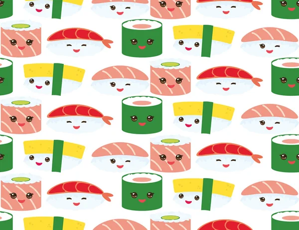 Modello Senza Cuciture Kawaii Rotoli Sushi Divertenti Set Con Guance — Vettoriale Stock