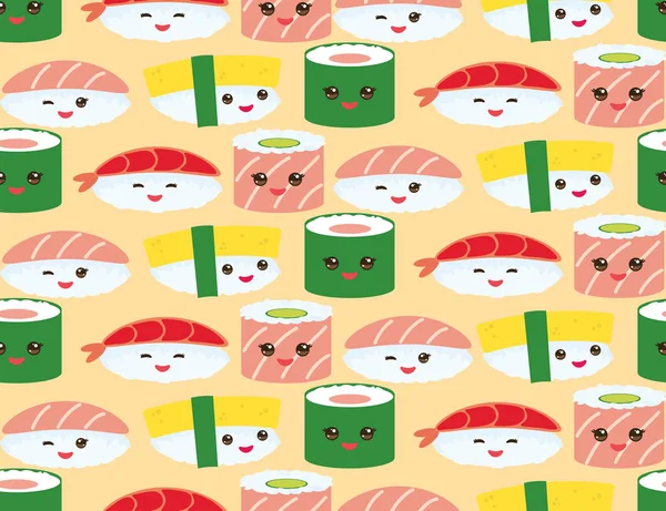 Seamless Pattern Kawaii Funny Sushi Rolls Set Pink Cheeks Big — Stock Vector