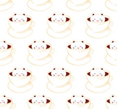 Dikişsiz desen Köpük sanat kahve fincan Sevimli Kawai kedi, beyaz arka plan üzerinde izole. Latte Sanat 3d. sıcak çikolata fincan süt köpük üst. Karalama çizimi. Vektör